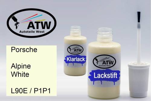 Porsche, Alpine White, L90E / P1P1: 20ml Lackstift + 20ml Klarlack - Set, von ATW Autoteile West.